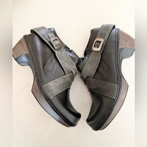Naot Black and Metallic Gray Leather Clogs